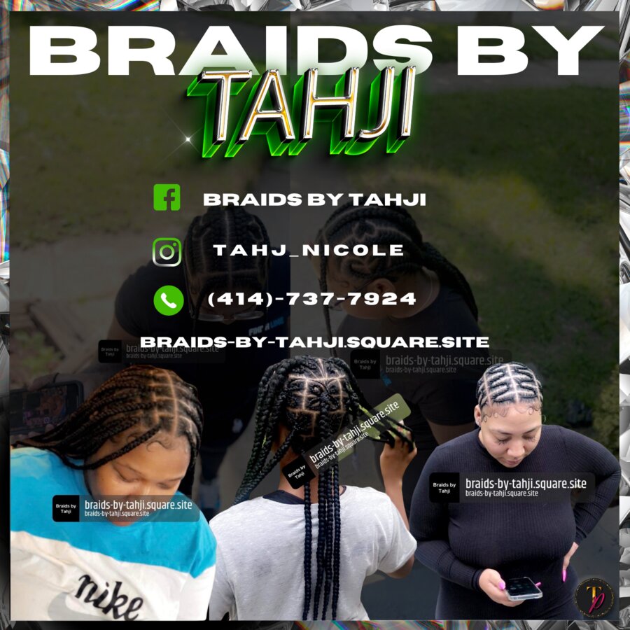 Braids by Tahji booking flyer for a braiding studio