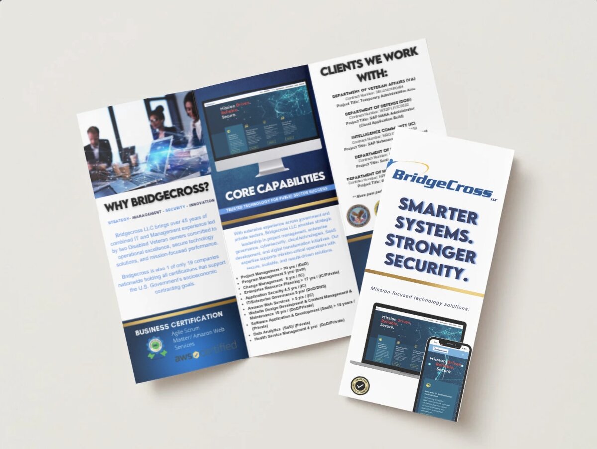Bridgecross LLC tri-fold brochure design mockup: smarter systems, stronger security