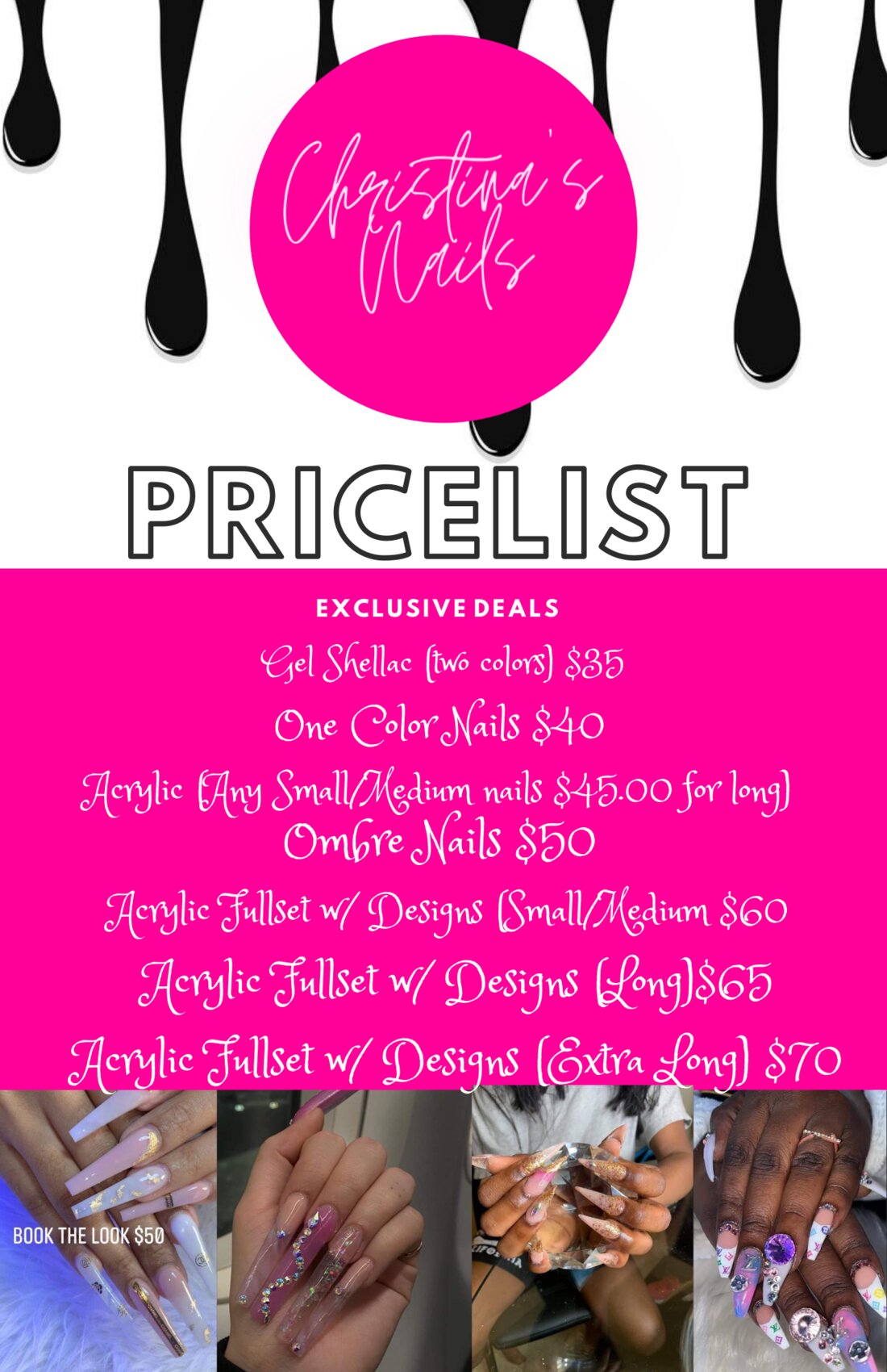 Christina’s Nails pink pricelist flyer with exclusive deals and nail photos