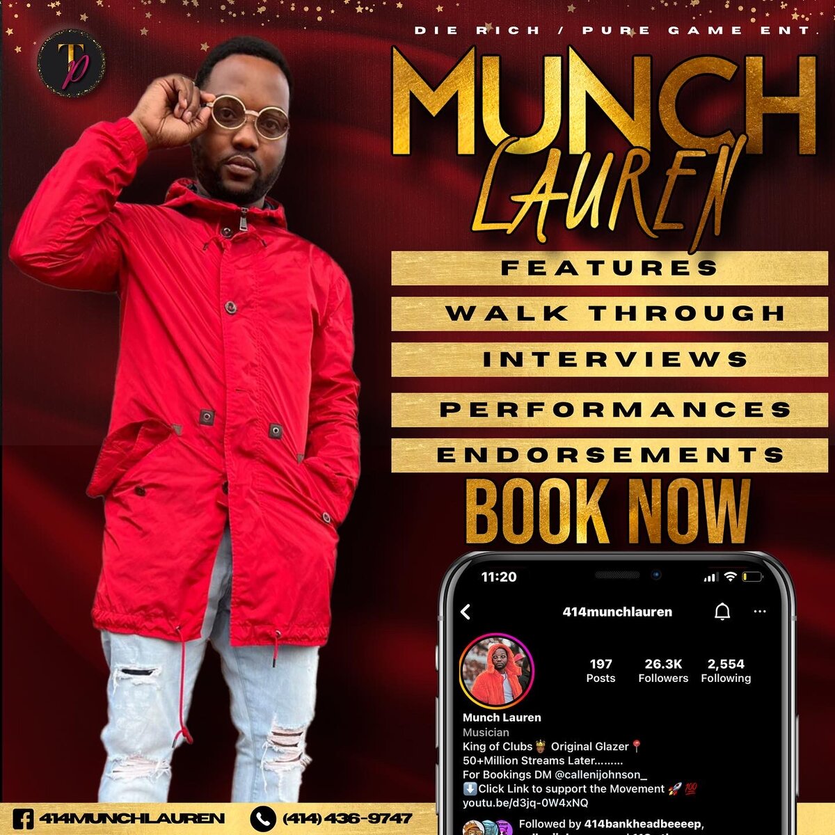 Munch Lauren artist booking flyer for features, interviews, performances, and endorsements